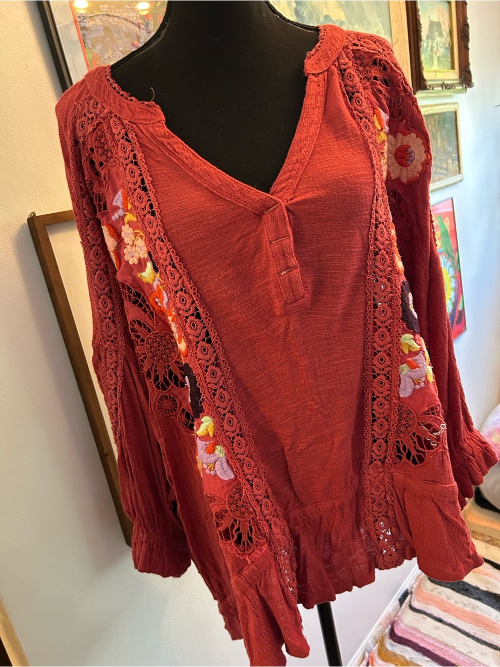 Free People Rust Red Embroidered Crochet-Trim Blouse